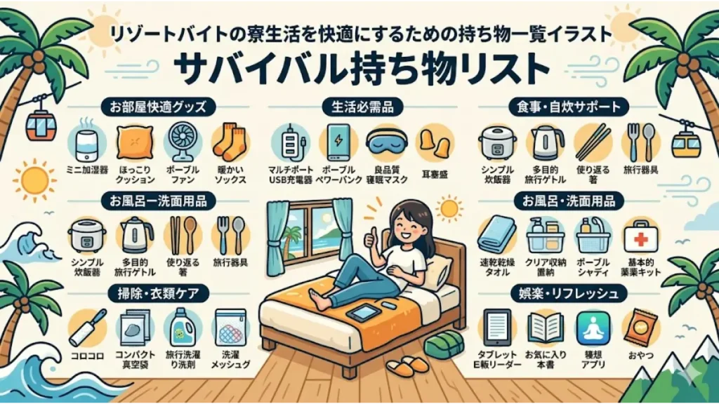 リゾートバイトの調理補助を未経験から始める人に向けた、寮生活を劇的に快適にするための便利グッズ(掃除・防虫、生活必需品、お部屋快適グッズなど)を網羅した「サバイバル持ち物リスト」のイラスト図解