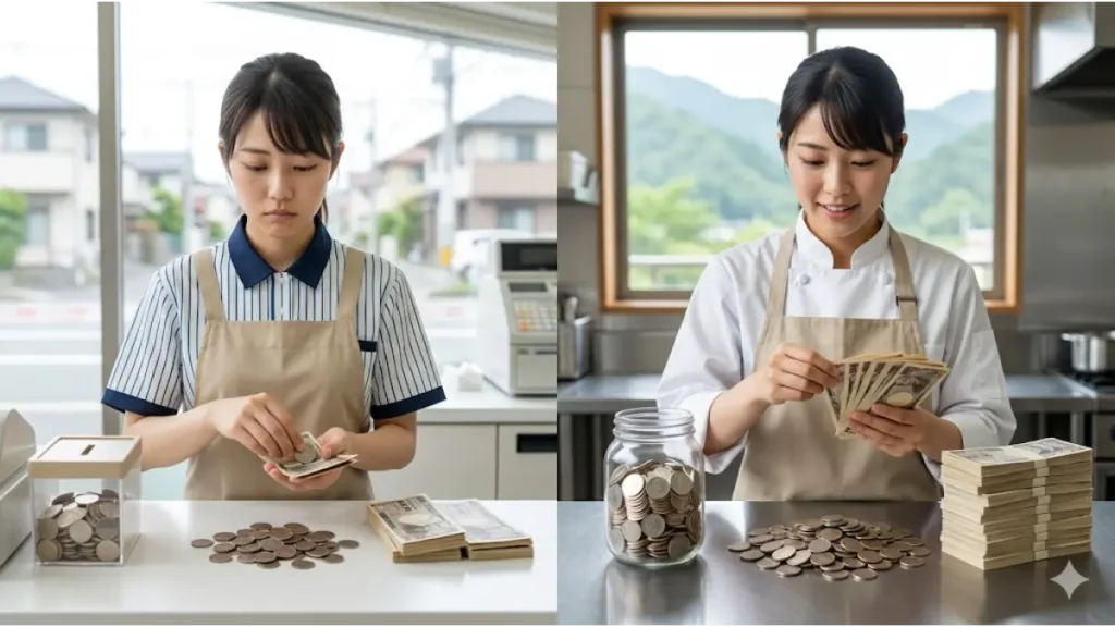 通常のアルバイトと住み込みリゾートバイトの貯金スピードを比較した画像。左側では街中の通常バイトの制服を着た女性が少ない貯蓄を前に悩ましい表情をしており、右側ではリゾートバイトの調理補助として未経験から働く女性スタッフが、多くの札束を前に充実した笑顔を見せている様子