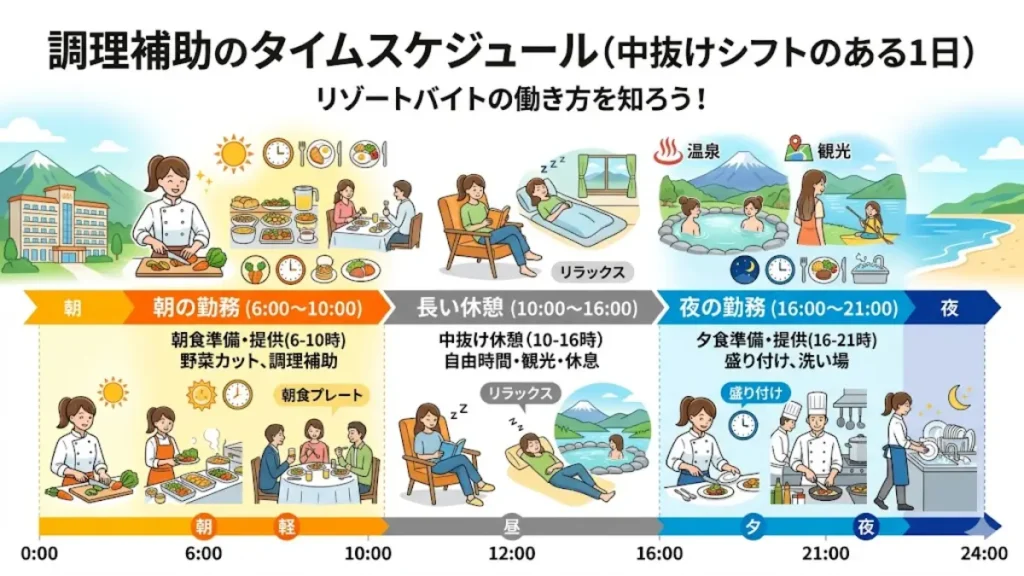 リゾートバイトの調理補助を未経験から始める人向けに、朝の勤務や中抜け休憩、夜の勤務に分かれた1日の流れをわかりやすく視覚化したタイムスケジュールの図解