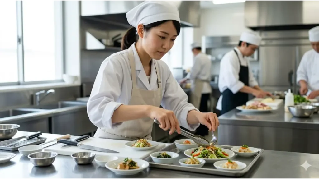 リゾートバイトの調理補助に未経験から挑戦し、清潔なホテルの厨房で真剣に小皿の盛り付け作業を行いながら、新しい一歩を踏み出している女性スタッフのリアルな様子