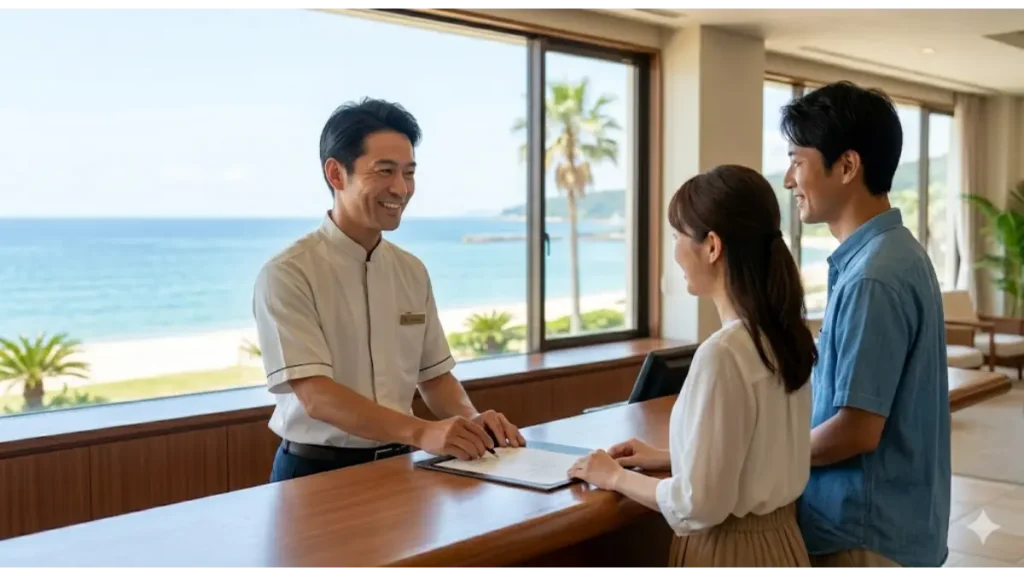 リゾートバイト（海沿いホテル求人）のフロントで、誠実な笑顔でお客様を案内する40代男性スタッフの様子
