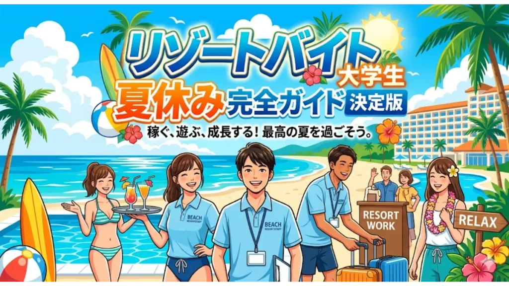 夏休みの青い空と海を背景に、リゾートバイトで働く笑顔の大学生たちのイラストと、リゾートバイト大学生夏休み完全ガイド決定版というタイトルテキストが描かれたアイキャッチ画像。