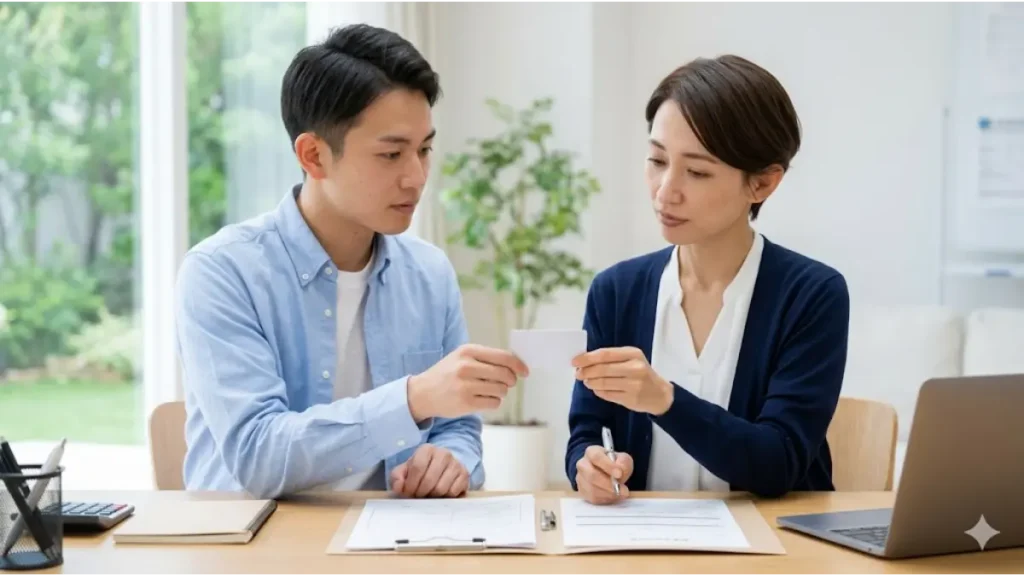 明るいオフィスにて、夏休みのリゾートバイト登録手続きの一環として、身分証明書を提示して本人確認を進める日本人大学生と、丁寧に対応する担当スタッフの様子。