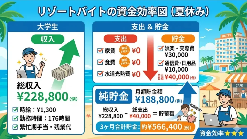 リゾートバイト 大学生 夏休み 資金効率図。家賃・食費・水道光熱費が無料（¥0）で、総収入¥228,800（例）から支出¥40,000（例）を差し引いた月額貯金目安が¥188,800（例）であることを説明するインフォグラフィック。