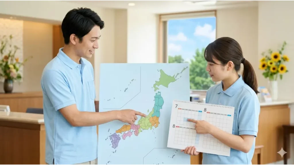 明るい室内で日本地図のパネルと7月・8月のカレンダーを指差しながら、夏休みのリゾートバイトに向けて計画を立てる大学生の様子。夏期市場の求人スケジュールや人気エリアの特性をわかりやすく解説するイメージ。