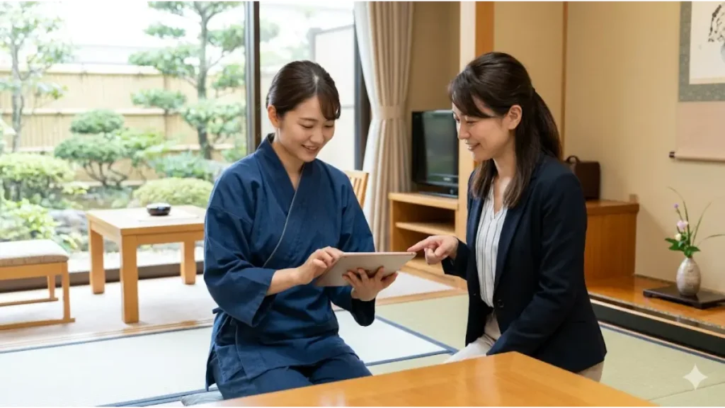 温泉旅館の和室にて、作務衣姿の大学生スタッフと派遣会社の女性コーディネーターがタブレットを見ながら笑顔で面談を行う様子。夏休みのリゾートバイトにおける質の高い求人と手厚いサポート体制を表現するイメージ。