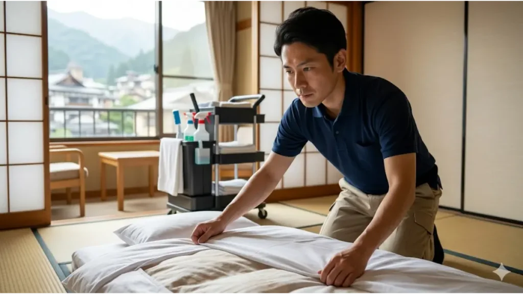 リゾートバイトでの生活立て直しを目指す30代男性が、温泉旅館の和室で客室清掃や布団敷きの業務に誠実に取り組んでいます。20代フリーター向けだけでなく、ミドル層が新たなセカンドキャリアを築くための落ち着いた現場環境がリアルに伝わります。