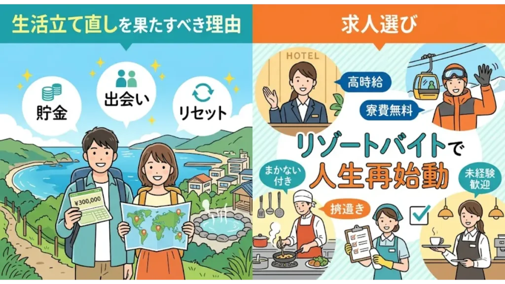 20代フリーターがリゾートバイトで生活立て直しを果たすべき理由と求人選びを表現したイラスト。貯金や人生リセットのメリットに加え、ホテル、旅館、スキー場、レストランなど多様な職種の選択肢が分かりやすく描かれています。