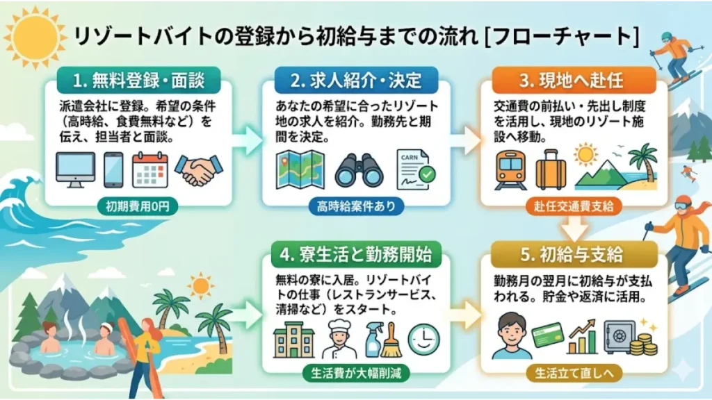 20代フリーターがリゾートバイトで生活立て直しを図るための、無料登録から面談、求人決定、現地への赴任、寮生活と勤務開始、そして初給与支給に至るまでの具体的なステップを分かりやすく解説したフローチャートの図解イラスト。