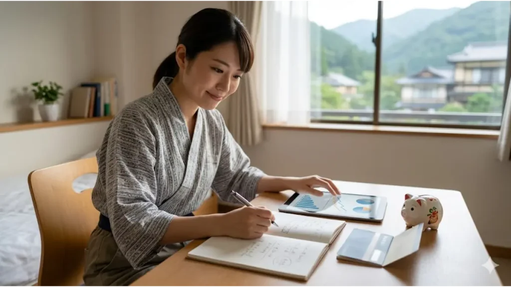 リゾートバイトでの生活立て直しを目指す20代フリーター女性が、自然光の差し込む寮の部屋で、ノートとスマートフォンを使いながら実質時給、手取り、貯金のシミュレーションを真剣に行っている様子。手元には銀行の通帳とペンが置かれ、誠実な姿勢が伝わる。