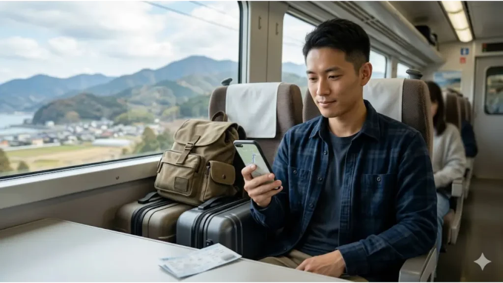 20代フリーターの男性が、リゾートバイトでの生活立て直しに向けて「赴任交通費支給」の仕組みを活用し、スーツケースを傍らに特急列車で現地へと移動している誠実な光景。