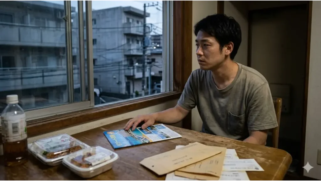 20代のフリーター男性が薄暗いアパートの室内で請求書や封筒を前に物思いにふけり、リゾートバイトによる生活立て直しや人生のリセットを模索しているリアルな光景。