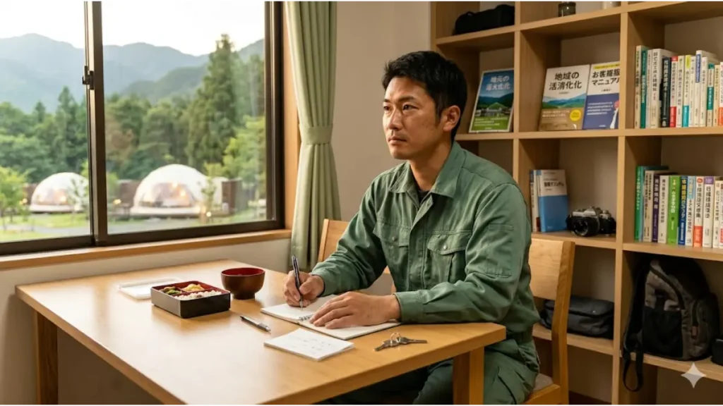 グランピングリゾートの住み込みスタッフとして働く30代の日本人男性が、夕暮れの自然光が差し込む清潔なスタッフ休憩室で、自身のキャリア計画ノートを前に未来を見つめている様子。手元にはペンと賄いの食器があり、地道な寮生活とスキル向上を通じて、生活の立て直しと将来のキャリアパス構築(地域創生や正社員登用など)を目指している誠実な姿を伝えている。