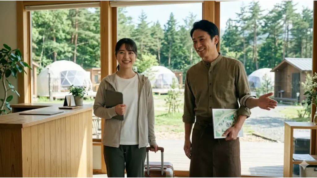 未経験からグランピングのリゾートバイトを始める日本人女性(未経験者)が、事前情報(評判)を確認し終えたタブレットを手に、安心と希望に満ちた誠実な笑顔で、先輩スタッフに案内されて施設へ一歩踏み出す様子。自然光が差し込む清潔なフロントエリアと、背景にドームテントが並ぶ森の現場。信頼できる紹介会社を通じて安心して就労を開始する姿を捉えた、フォトリアルな現場写真。
