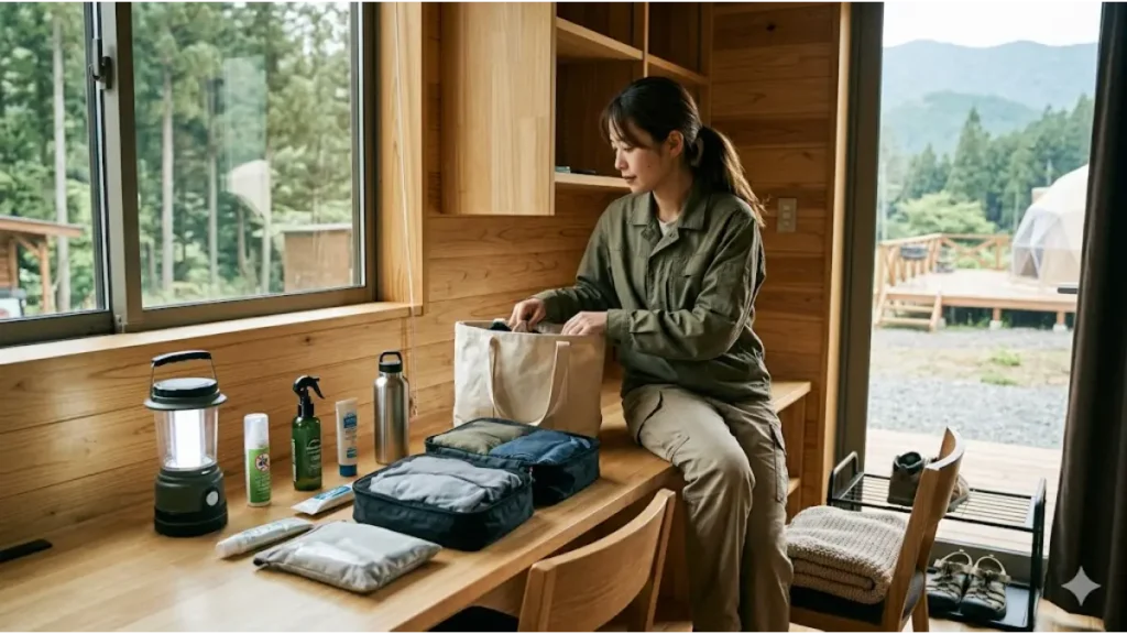 リゾートバイトのグランピング施設に赴いた未経験の女性スタッフが、住み込み寮の室内で特有の持ち物リストを確認しながら荷造り(パッキング)をしている様子。机の上のランタンや虫除けスプレーなど、評判通りの快適な生活を送るための準備を正確に説明した画像