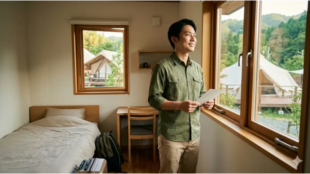 リゾートバイトでグランピング施設に赴いた未経験の男性スタッフが、生活費無料の清潔な住み込み寮の個室から外を眺めて期待に胸を膨らませている様子。評判通りの快適な居住環境を説明する画像