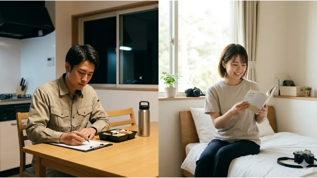 リゾートバイトのグランピング施設で働くスタッフの2種類のシフト体系をイメージした対比画像。未経験者が気になる「実際の労働時間や生活リズムの評判」を説明するため、夜間に作業服でデスクワークを行う男性と、昼間のアイドルタイムに住み込み寮のベッドで読書をしてリラックスする女性の生活スタイルの違いを表現しています。