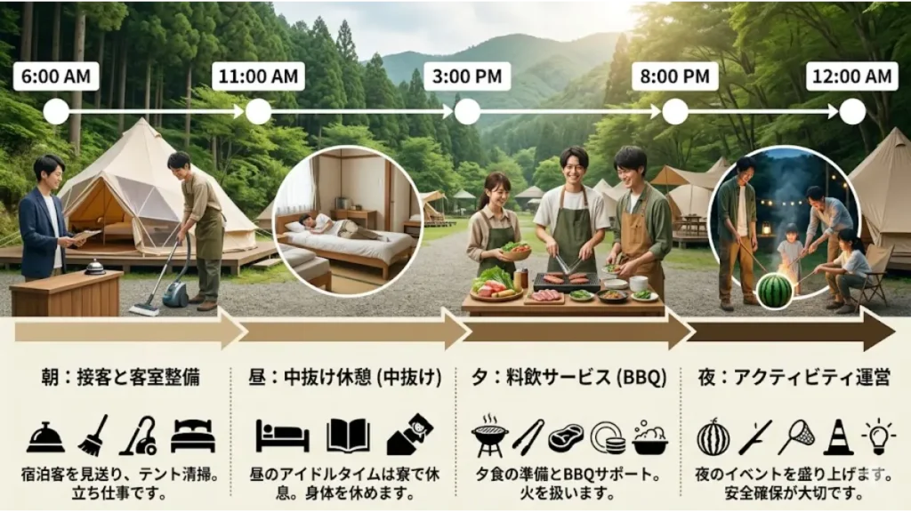 リゾートバイトのグランピング施設における一日の流れをタイムライン形式で解説した図解インフォグラフィック。未経験者が最も気になる「朝の接客・テント清掃」「昼の中抜け休憩」「夕方の料飲サービス(BBQサポート)」「夜のアクティビティ運営」といった全般業務の仕事内容一覧と、現場のリアルな評判を時系列で分かりやすく説明しています。