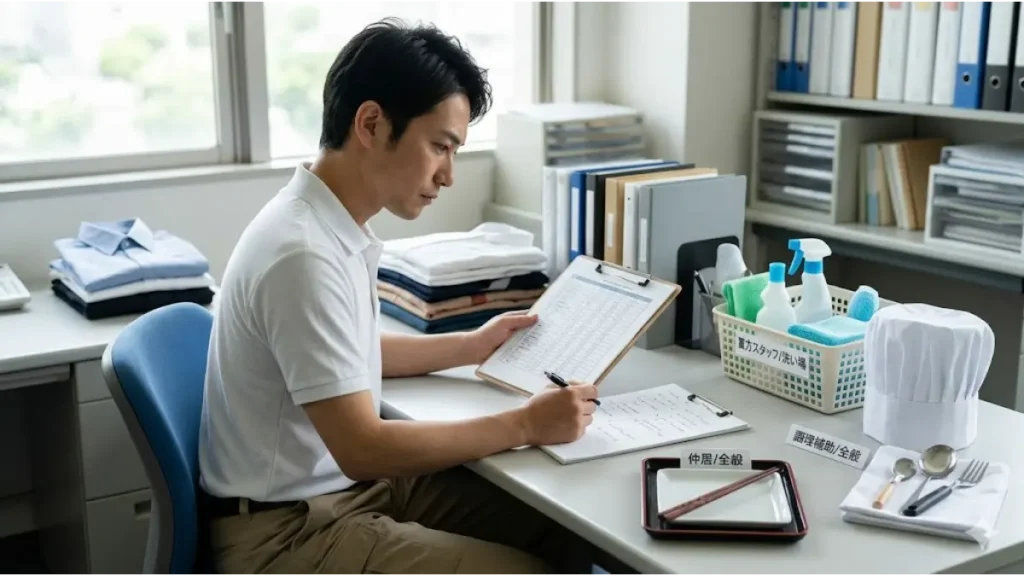 リゾートバイトの各職種（仲居、調理補助、裏方）の平均時給と標準的な労働条件を示す、日本のホテルバックオフィスで働く誠実なスタッフと整理された道具。