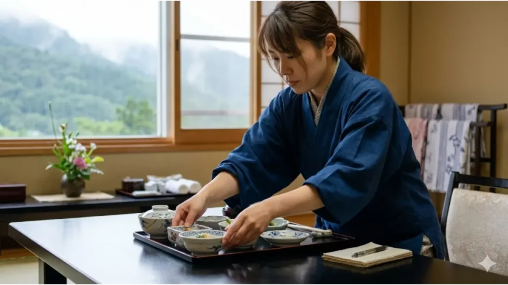 リゾートバイトの高所得エリアである箱根のような高級温泉旅館で、誠実そうな日本人の女性仲居が、自然光の中で高級な会席料理の食器を丁寧に整頓して並べる手元に焦点を当てた16:9のフォトリアルな画像。現場のリアルな仕事環境と、丁寧なおもてなし作業に集中する人物を描写している。