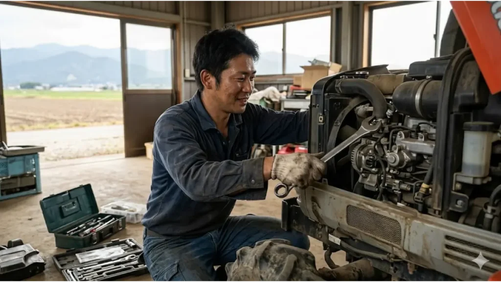 リゾートバイトの農業住み込みワークに挑戦する30代の日本人男性農業労働者が、真剣な表情で汚れたトラクターのエンジンメンテナンスを作業用工具で行っている様子。周囲は自然光が差し込む農業機械小屋で、彼の汚れた手と真摯な眼差しが「現実的なリスクと獲得スキル」のリアルを表現している。