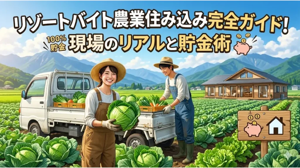 「リゾートバイト農業住み込み完全ガイド！現場のリアルと貯金術」のタイトル文字が入り、キャベツ畑で笑顔で収穫をする男女と綺麗な住み込み寮が描かれた記事のアイキャッチ画像