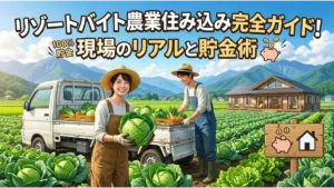 「リゾートバイト農業住み込み完全ガイド！現場のリアルと貯金術」のタイトル文字が入り、キャベツ畑で笑顔で収穫をする男女と綺麗な住み込み寮が描かれた記事のアイキャッチ画像