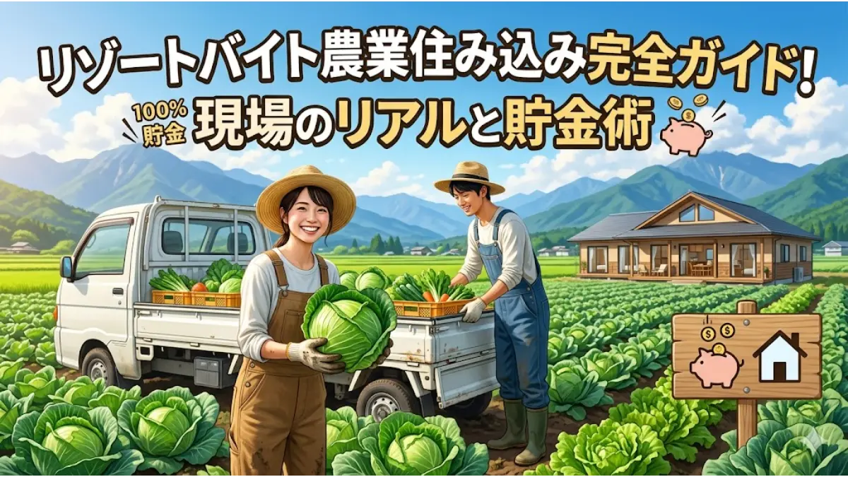 「リゾートバイト農業住み込み完全ガイド！現場のリアルと貯金術」のタイトル文字が入り、キャベツ畑で笑顔で収穫をする男女と綺麗な住み込み寮が描かれた記事のアイキャッチ画像