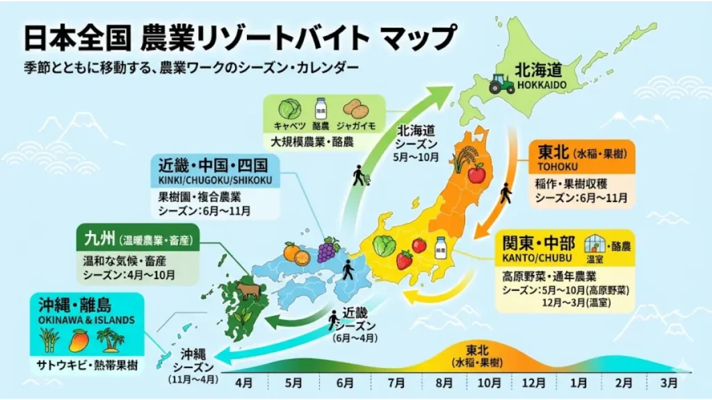 日本全国のエリア別シーズンと代表作物の移動サイクルをわかりやすく図解した、リゾートバイトの農業住み込みワーク向け求人エリアマップ