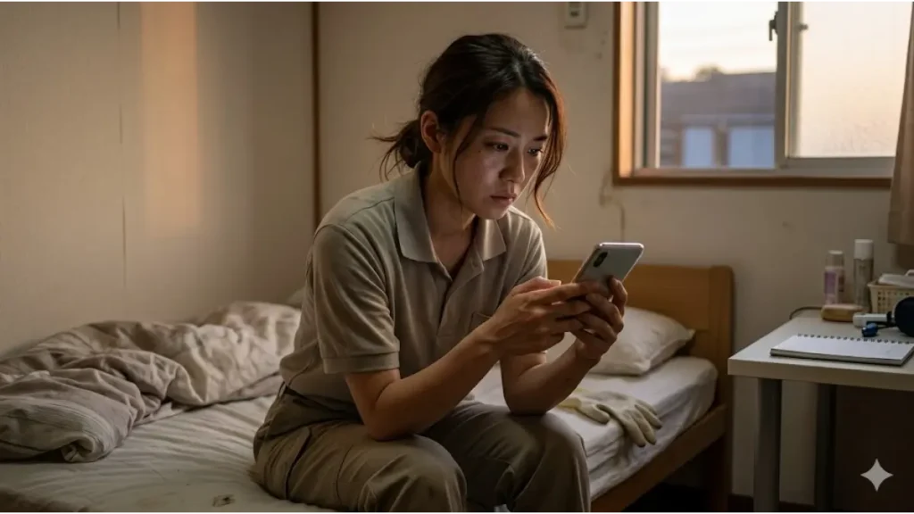リゾートバイト客室清掃の住み込み生活において、質素な寮の自室でスマートフォンを見ながら、生活環境、人間関係、金銭面への複合的な葛藤と懸念を深める日本人女性スタッフのリアルな表情