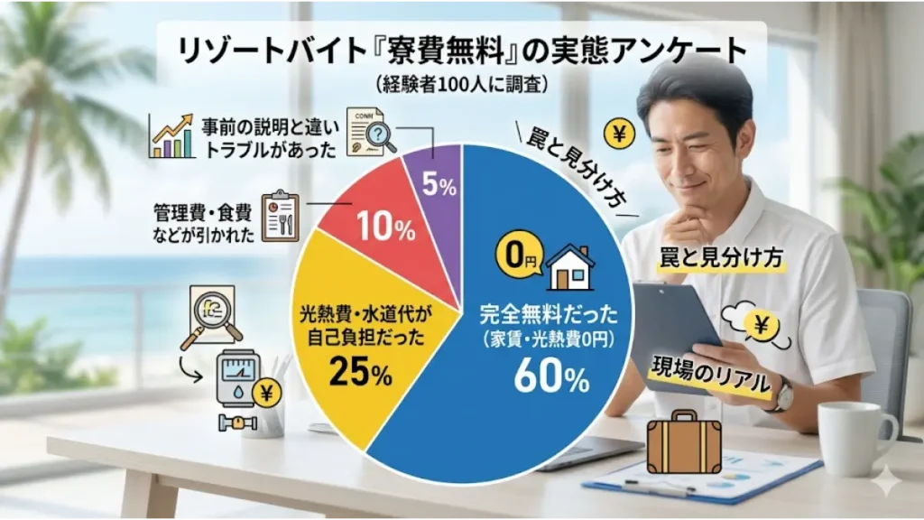 リゾートバイト経験者100人に調査した「寮費無料」の実態アンケート。完全無料だった人は6割で、光熱費や管理費などの隠れコストがあった割合を示す円グラフの図解。