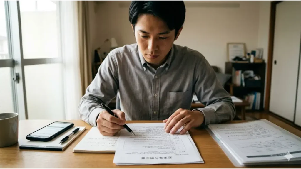 リゾートバイトの寮費無料求人に潜む罠や見分け方を未然に防ぐため、自宅の机で就業条件明示書の契約項目をペンで指しながら一文字ずつ真剣に確認する日本人男性。手元にはスマートフォンやノートが整頓されている現場のリアルな構図。