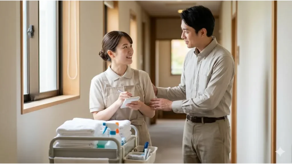 リゾートバイトで働く誠実そうな日本人女性スタッフ（客室清掃制服）が、現地に駆けつけた「リゾートバイト.net」の手厚いフォロー担当者から親身な声かけを受け、安心した安堵の表情を見せている。現場のリアルを感じさせる日本のリゾートホテル廊下での自然なフォトリアルな構図。