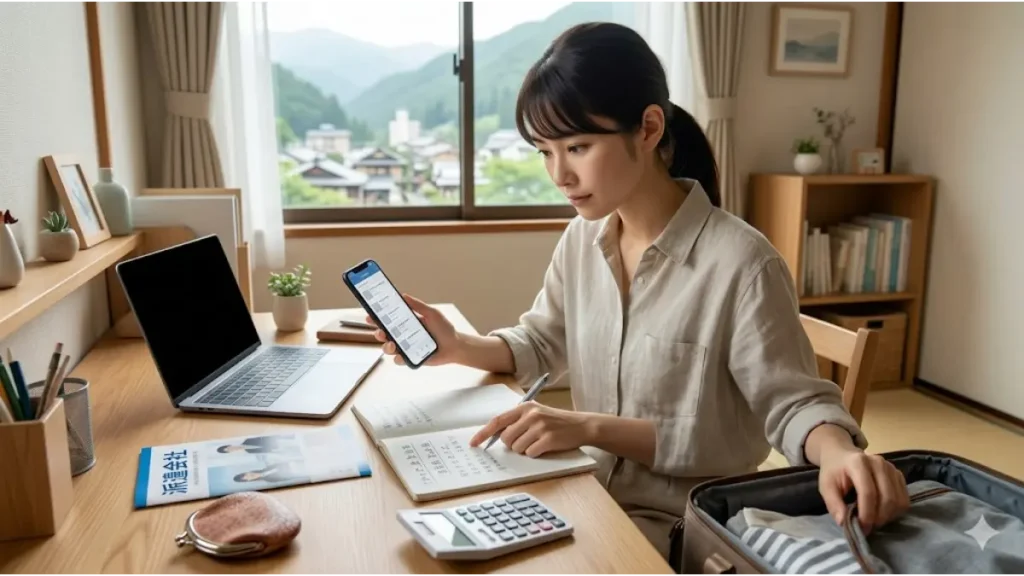 リゾートバイトの寮費無料求人に潜む罠や見分け方の総括を行い、次の一歩として派遣会社の情報をスマートフォンやパソコンで調べながら、スーツケースに荷造りをして出発の準備を進める日本人女性。手元には電卓やノートが置かれている現場のリアルな構図。