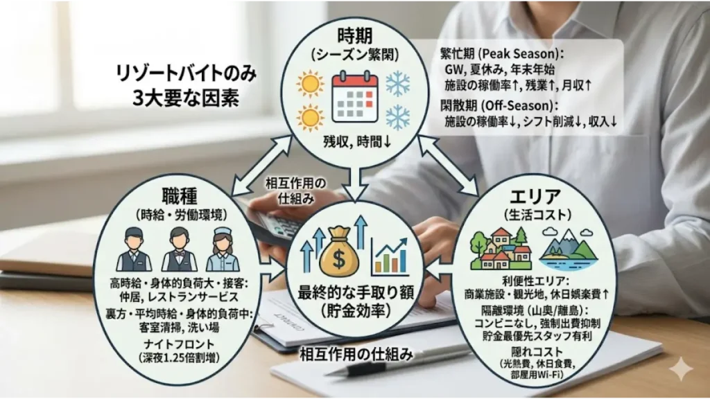 リゾートバイトの寮費無料求人に潜む罠や見分け方を分析するための相関図。時期（シーズン繁閑）、職種（時給・労働環境）、エリア（生活コスト）の3大要素が、最終的な手取り額や貯金効率にどのような相互作用を与えるかの仕組みを詳しく説明した図解。