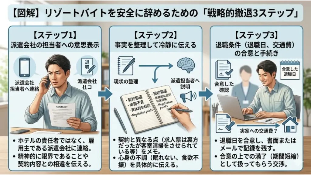 リゾートバイトを安全に辞めるための戦略的撤退3ステップの流れを説明する図解。ステップ1で派遣会社担当者へ連絡し意思表示を行う、ステップ2で事実（契約相違や心身不調）を整理して伝える、ステップ3で退職日や交通費を合意し手続きを完了させるプロセスを示す、誠実な日本のプロカメラマン風のフォトリアルな図解。