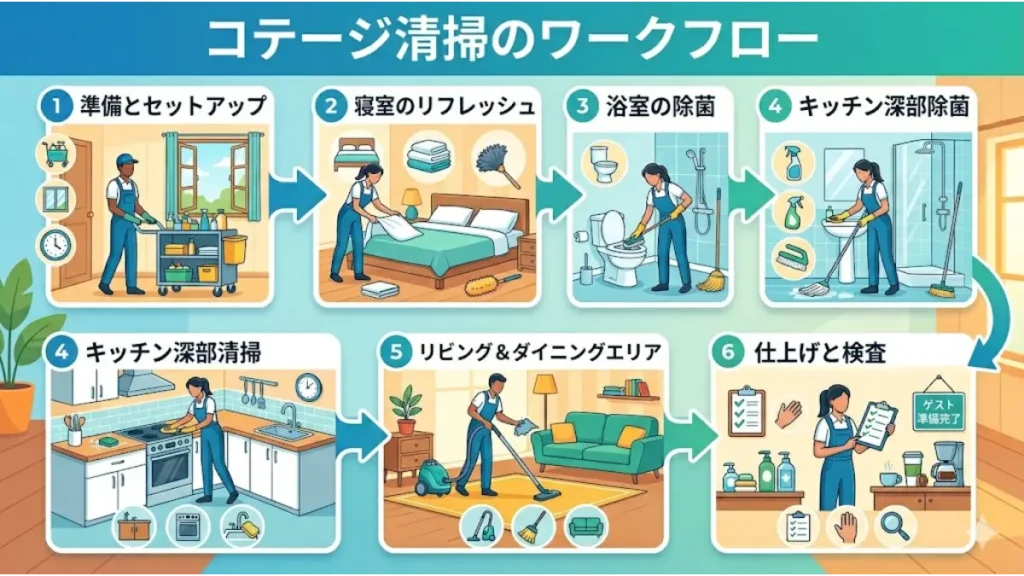 リゾートバイトの清掃がきついと感じる求職者に向けて、作業工程の全体像を日本語で分かりやすく解説した、コテージ清掃のステップ別ワークフロー図解