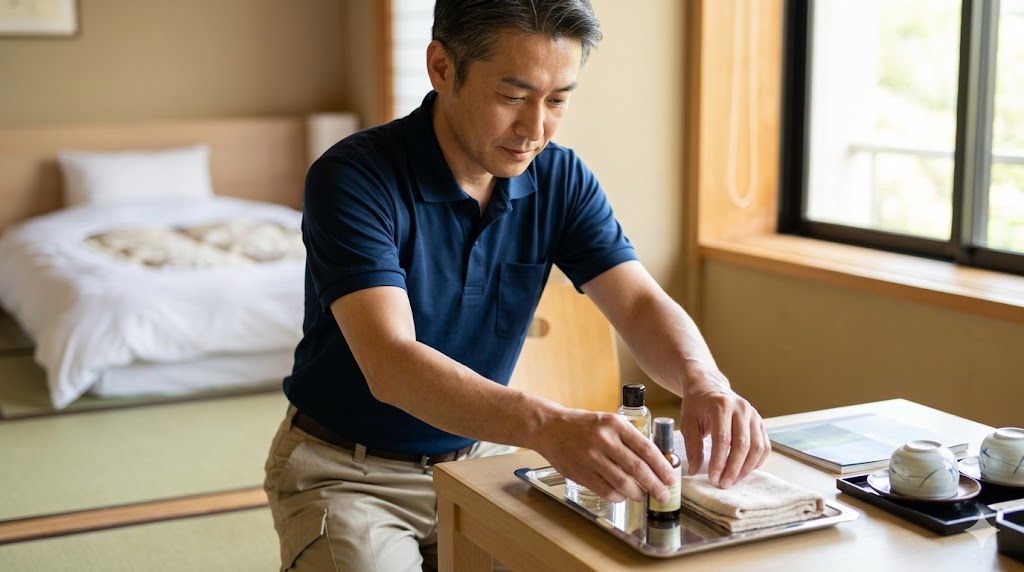 リゾートバイトの客室清掃がきついか不安な30代以上のミドル層に向けて、接客のない落ち着いた和室環境でアメニティを丁寧に整頓する誠実な男性スタッフの様子