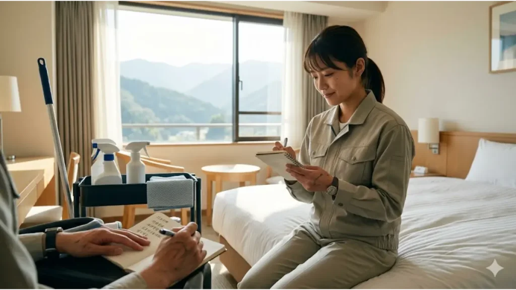 リゾートバイトの客室清掃がきついと感じる環境において、作業終了後のきれいに整頓された客室で、静かな自然光の下で次の具体的な行動（ネクストアクション）を計画ノートに書き込む誠実な日本人女性スタッフの様子
