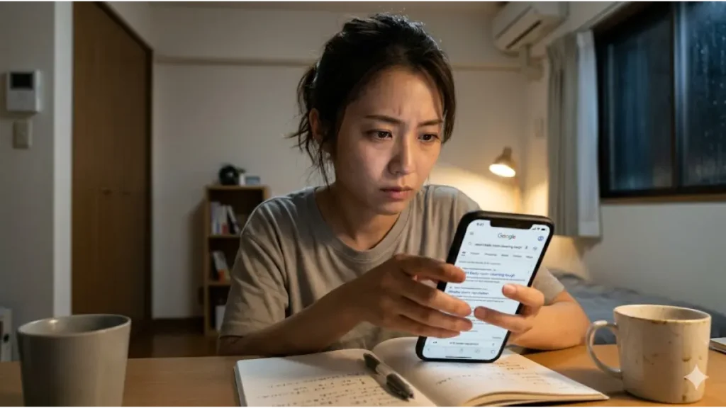 リゾートバイトの客室清掃が本当にきついのかをスマホで検索し不安そうな表情で画面を見つめる女性