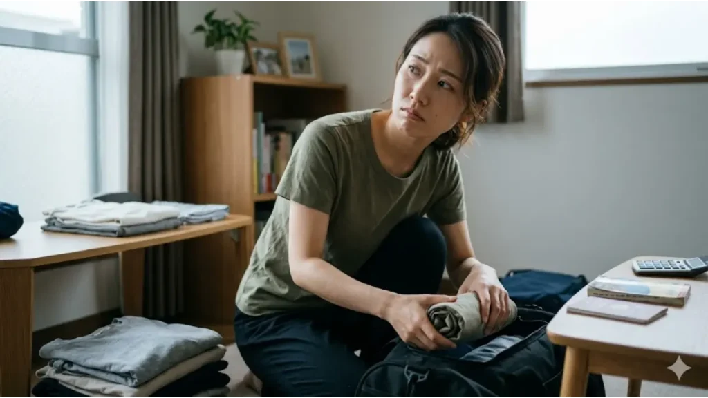 リゾートバイトで留学資金50万円を貯めるために荷造りをする、少し不安げな日本人女性の誠実な画像。