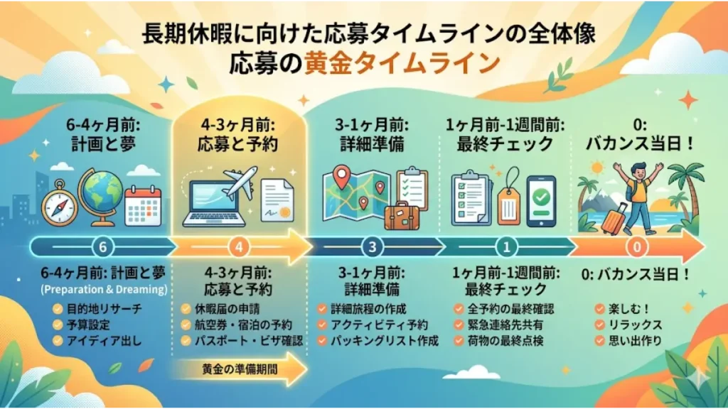 リゾートバイトを短期1ヶ月で探す大学生に向けて、夏休みや春休みなどの長期休暇に向けた理想的な応募スケジュール（計画・応募・詳細準備・最終チェック）を時系列で可視化した、SEOに強い応募の黄金タイムライン図解。