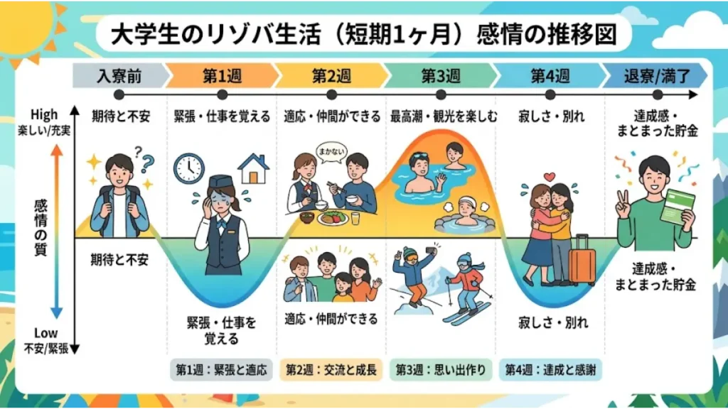 リゾートバイトを短期1ヶ月で経験する大学生の感情の波と推移を、入寮前から満了・退寮まで1週間ごとに表した、SEOに最適化された詳細な図解。