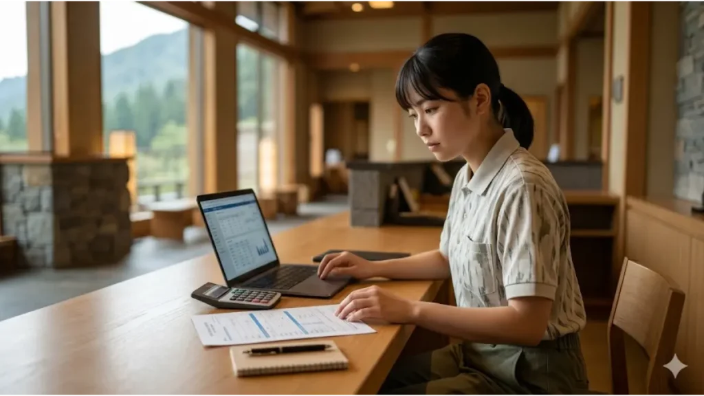 リゾートバイトを短期1ヶ月で検討する大学生に向けて、給与シミュレーションや社会保険の注意点を確認する様子をイメージした、自然光の入る落ち着いたリゾート施設でノートパソコンや電卓、書類に向き合う日本人女性スタッフの誠実でリアルな写真。