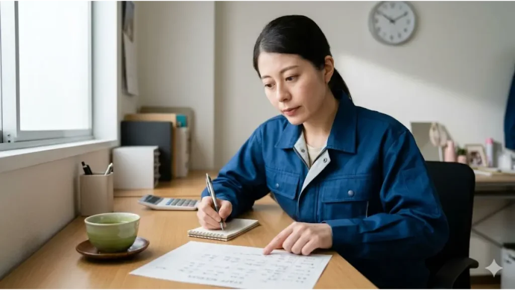 リゾートバイトで貯金するために特殊なシフト(中抜け勤務など)や勤務形態を事前に把握しておきたい、誠実そうな日本人の女性ホテル従業員が、休憩室で勤務割表を真剣に確認してメモを取る手元を描写した16:9のフォトリアルな画像。