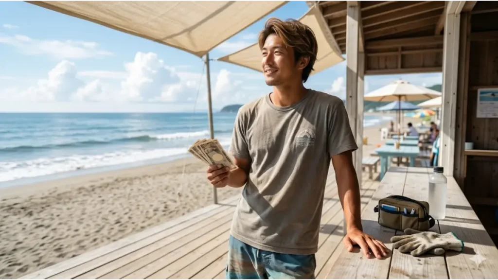 リゾートバイトの海の家で短期契約を終え、誠実な笑顔で給料を手に取る男性スタッフの様子