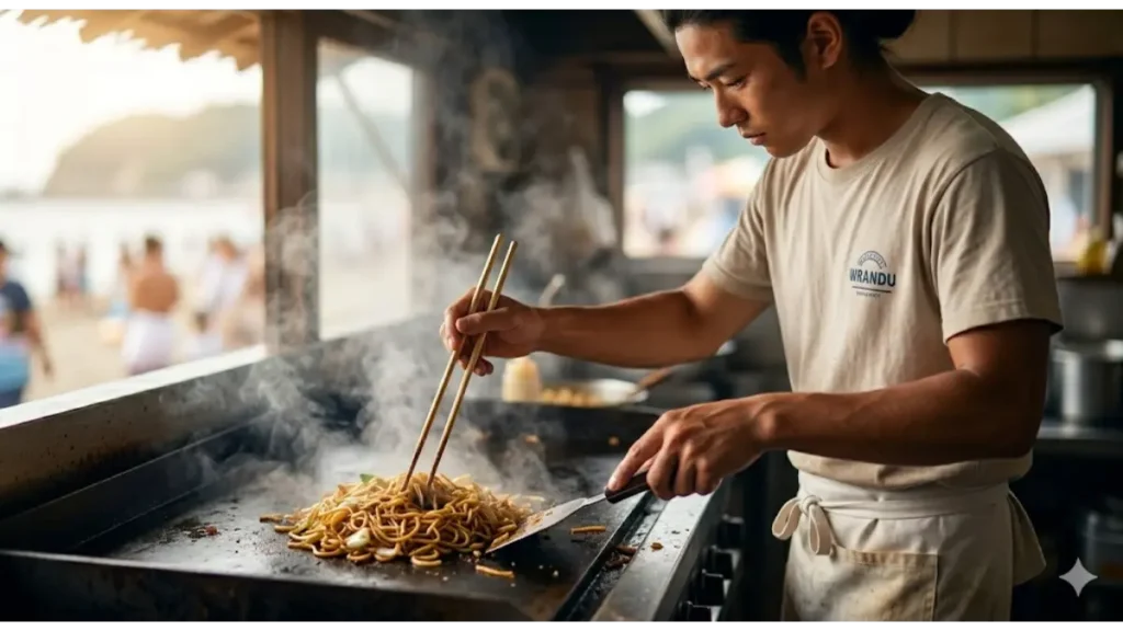 リゾートバイト（海の家求人）のキッチンで、真剣な表情で焼きそばを調理する男性スタッフの手元のアップ