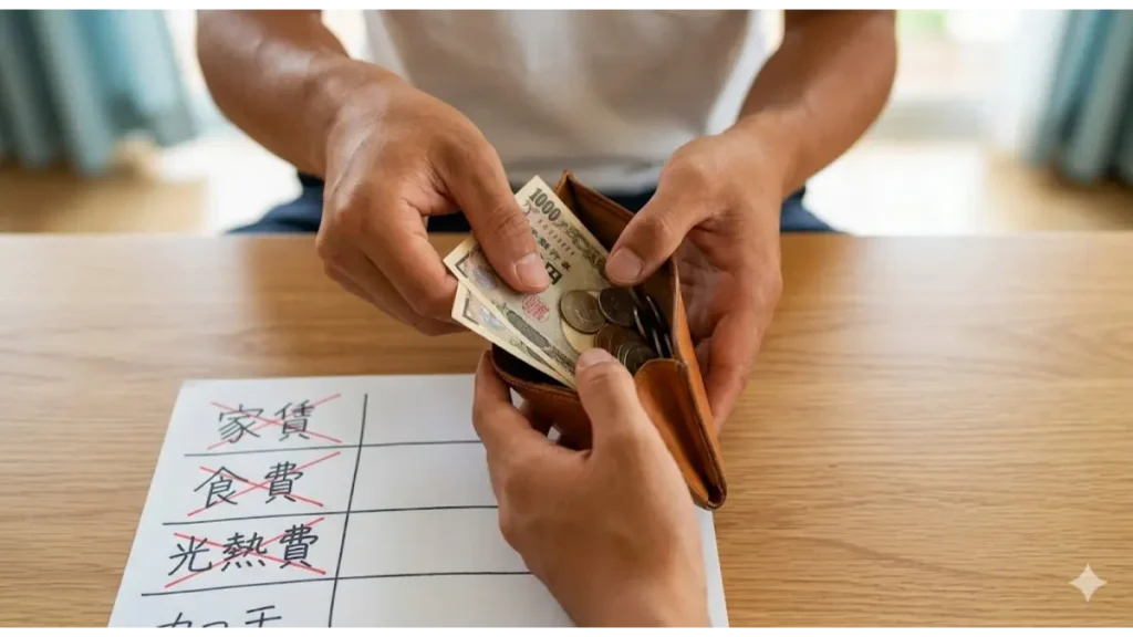 リゾートバイト（海の家求人）で稼いだ給与を手元のポーチへ整理し、生活費無料の環境で着実に貯金をする様子