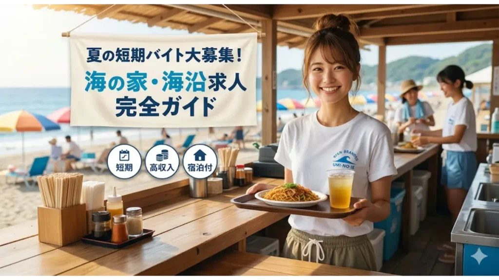 リゾートバイト（海の家求人）の現場で、爽やかな笑顔で接客をする誠実そうな女性スタッフの様子