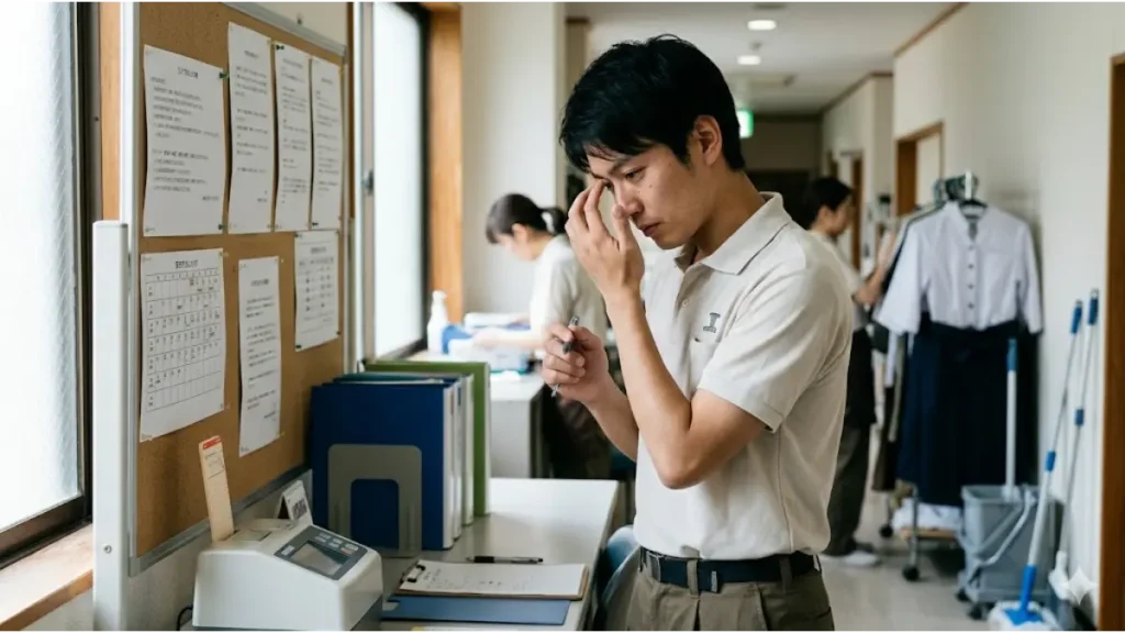 リゾートバイトの旅館で、朝の勤務（中抜けまたはたすき掛け勤務の終わり）が終了し、タイムレコーダーの前で疲労感を滲ませながらシフト表を確認する、作務衣姿の誠実そうな日本人男性スタッフの手元と表情。現場のリアルを感じさせる誠実な構図。